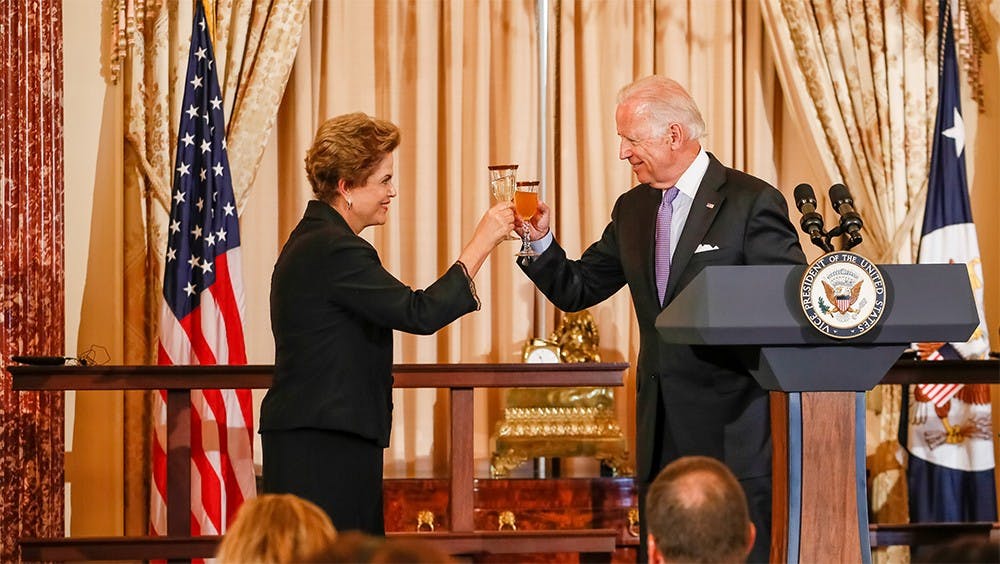 Brazilian President Dilma Rousseff and United States Vice-President Joe Biden toast during a United States State Department luncheon on Tuesday.