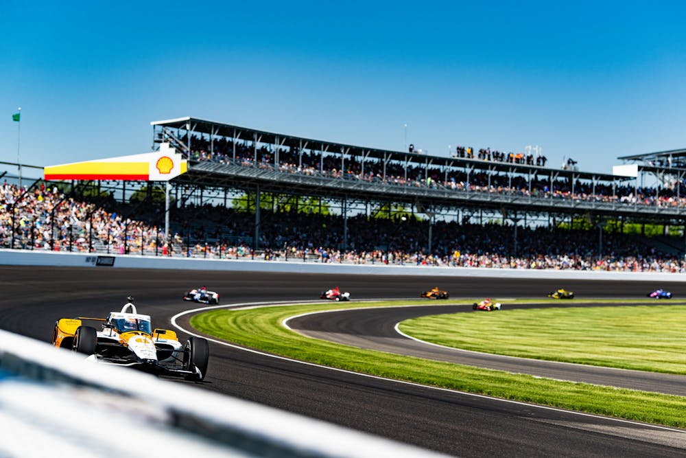 <p>IndyCar drivers, including Arrow McLaren&#x27;s No. 6 Felix Rosenqvist, round Turn 1 at Indianapolis Motor Speedway at Miller Lite Carb Day practice Friday, May 26. The 107th Indianapolis 500 is set for Sunday. </p>