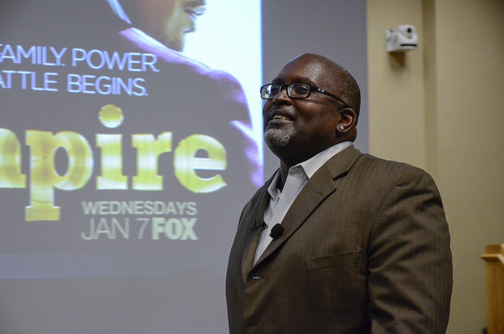Eric Deggans, NPR's first full-time TV critic and author for Race-Baiter: How the Media Wields Dangerous Words to Divide a Nation, gives a lecture titled "Decoding the Race Baiting of Modern Media" at Moot Court Room in the Maurer School of Law on Monday. 