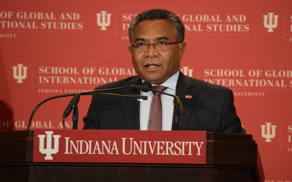 Rui Maria de Araújo, Prime Minister of Timor-Leste, informs the crowd about his state as part of the IU School of Global and International Studies' Distinguished Diplomat Speaker Series.