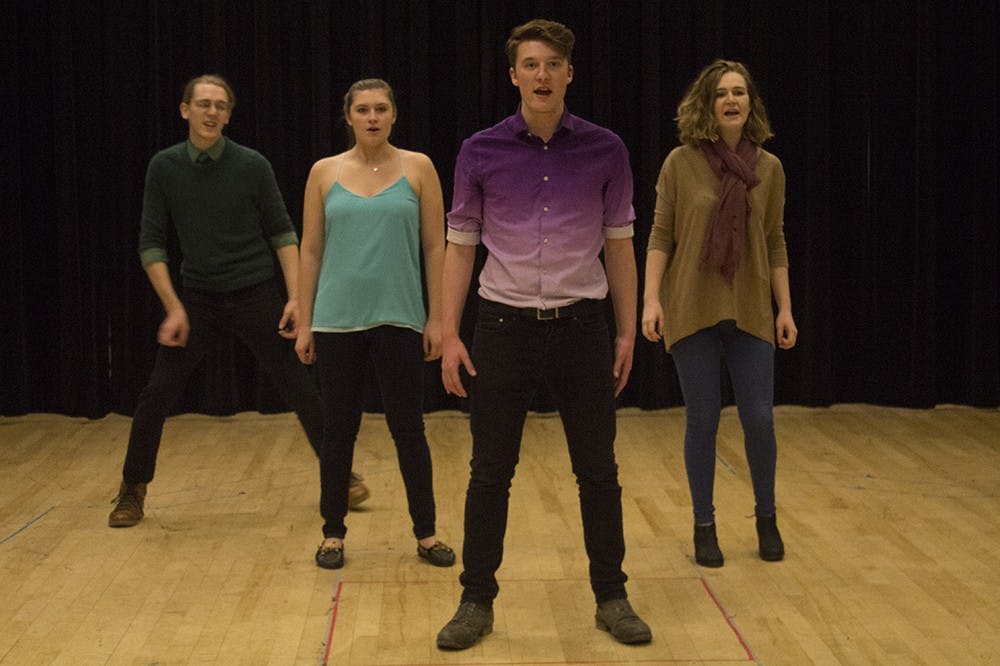 Members of the cast of "Fight or Flight" rehearse the beginning number during a rehearsal on Tuesday night in the Theatre Building. The show is part of the Virginal Works program to showcase undergraduate student productions.