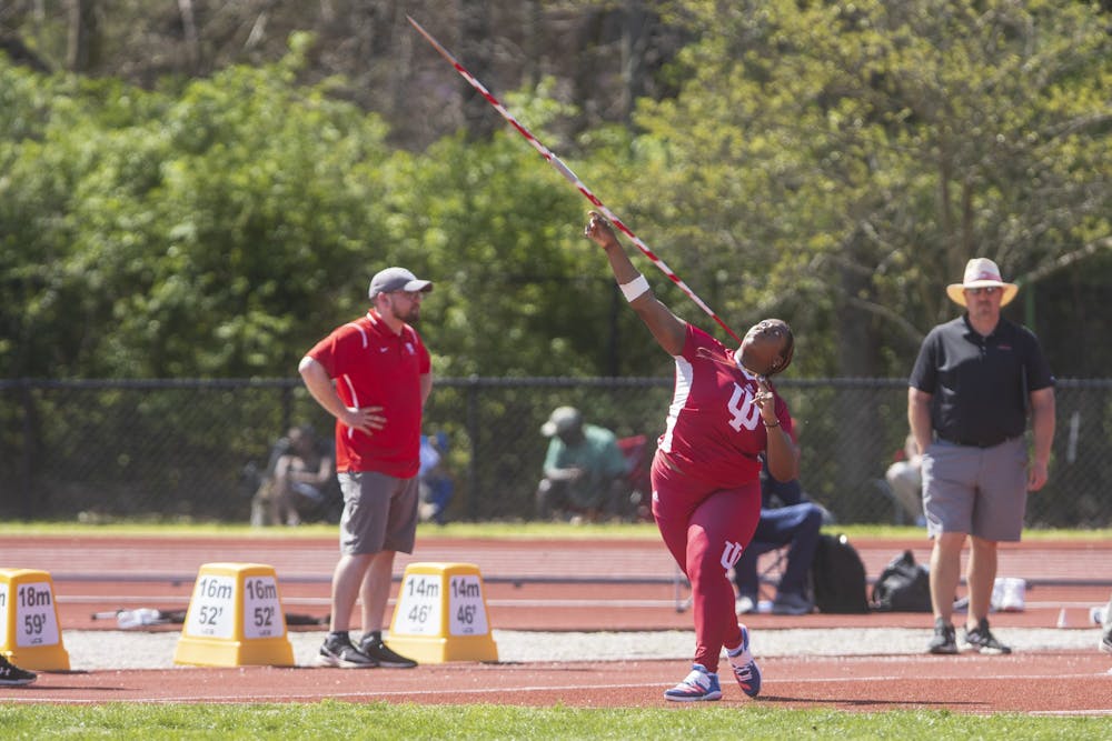 <p>Freshman thrower Makayla Hunter toses a javelin on April 23, 2022 at Robert C. Haugh Complex. Indiana women’s track and field set mutliple program records during its first home meet of the outdoor season. </p>