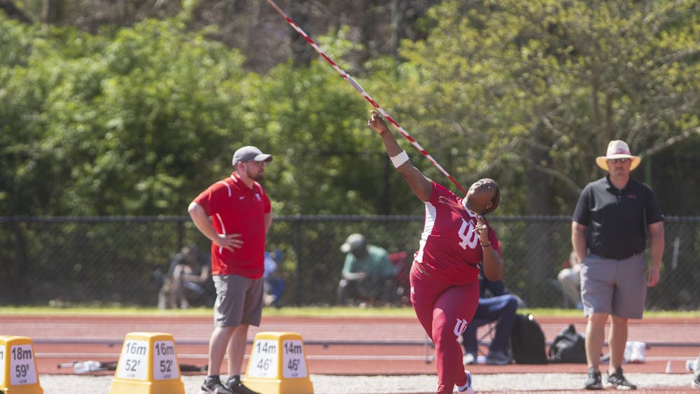 Freshman thrower Makayla Hunter toses a javelin on April 23, 2022 at Robert C. Haugh Complex. Indiana women’s track and field set mutliple program records during its first home meet of the outdoor season. 