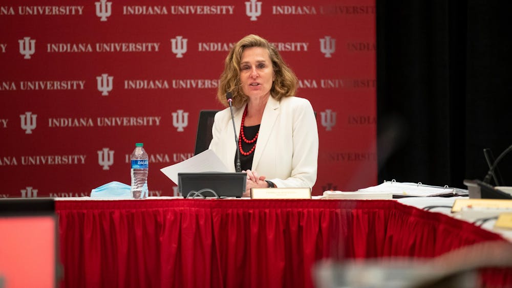 At the Board of Trustees meeting at IUPUI in Indianapolis on Oct. 8th, 2021, Pamela Whitten replies to a presenter. The task force, chaired by U executive vice president for finance and administration, Dwayne Pinkney, looks to develop long-term strategies to minimize costs to students.