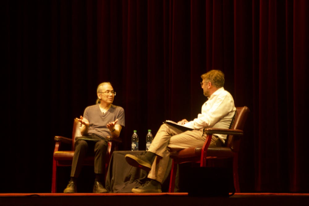 <p>Ted Chiang and Ed Dallis-Comentale discuss issues of modern technology June 8, 2023, at the Buskirk-Chumley Theater. The reading was part of the Granfalloon Festival. <br/><br/></p>