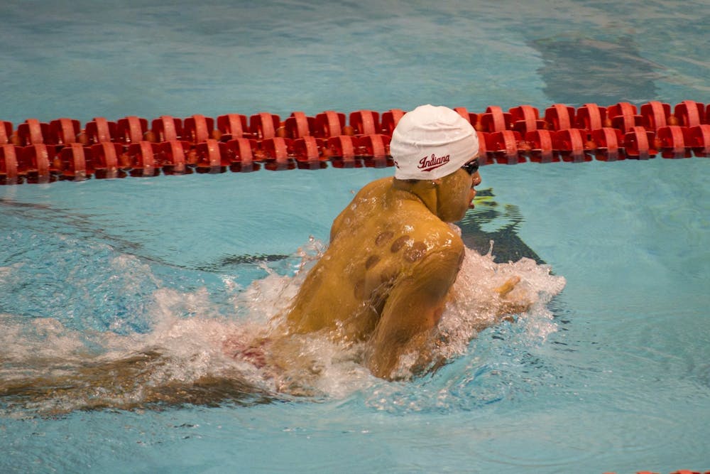 <p>Senior Mohamed Samy swims Jan. 25 in the 200-yard breaststroke in IU&#x27;s meet against Purdue at the Councilman-Billingsley Aquatics Center. The team will compete in the Big Ten Championships Wednesday through Saturday. </p>
