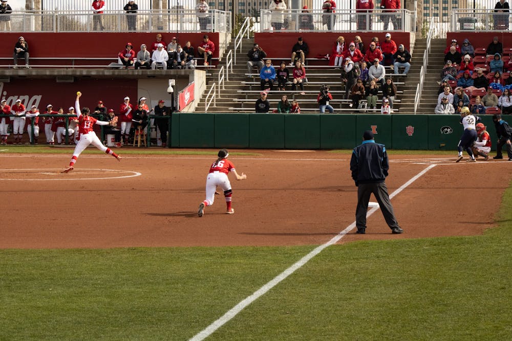 <p>Graduate student infielder Grayson Radcliffe stands at third base April 19, 2022. Radcliffe drove in the tying run to send Indiana and Notre Dame to extra innings Tuesday.</p>