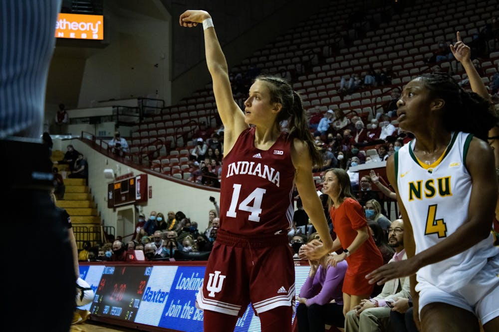 <p>Guard Ali Patberg holds her follow through after making a 3-pointer Nov. 16, 2021. Patberg scored 17 points in Indiana women&#x27;s basketball&#x27;s 72-42 win over Norfolk State University.</p>