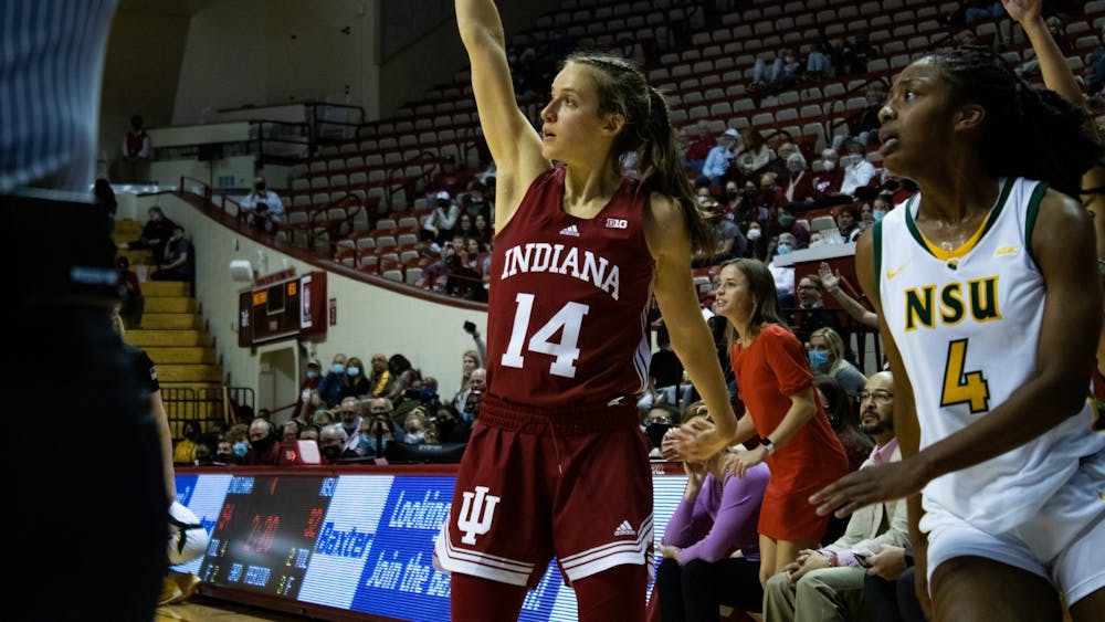 Guard Ali Patberg holds her follow through after making a 3-pointer Nov. 16, 2021. Patberg scored 17 points in Indiana women&#x27;s basketball&#x27;s 72-42 win over Norfolk State University.
