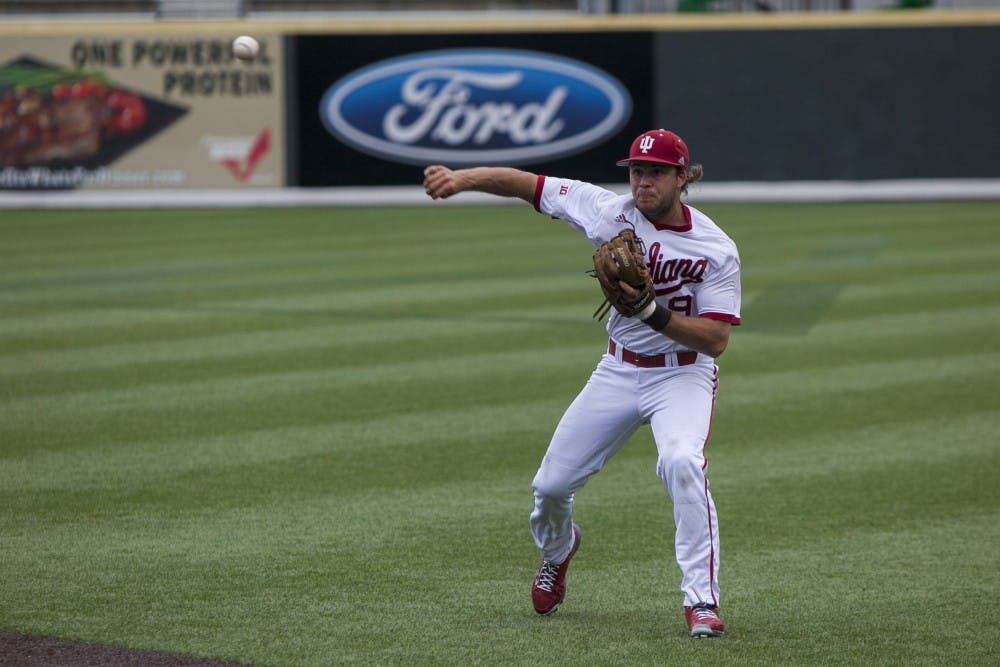 Senior second baseman Casey Rodrigue makes a throw on Sunday at Hawkins Field in Nashville, Tennessee. Indiana lost 5-3 to Radford in the elimination game of the NCAA Regional.