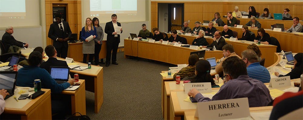 Monica Dirk, Vice President of Recruitment of the Panhellenic Association at Indiana University speaks during the Bloomington Faculty Council meeting held at Kelley Business School. When faculty pointed out that Greek system is reproducing social class, Dirk said, “ We as councilors realize that and are trying to improve that.”