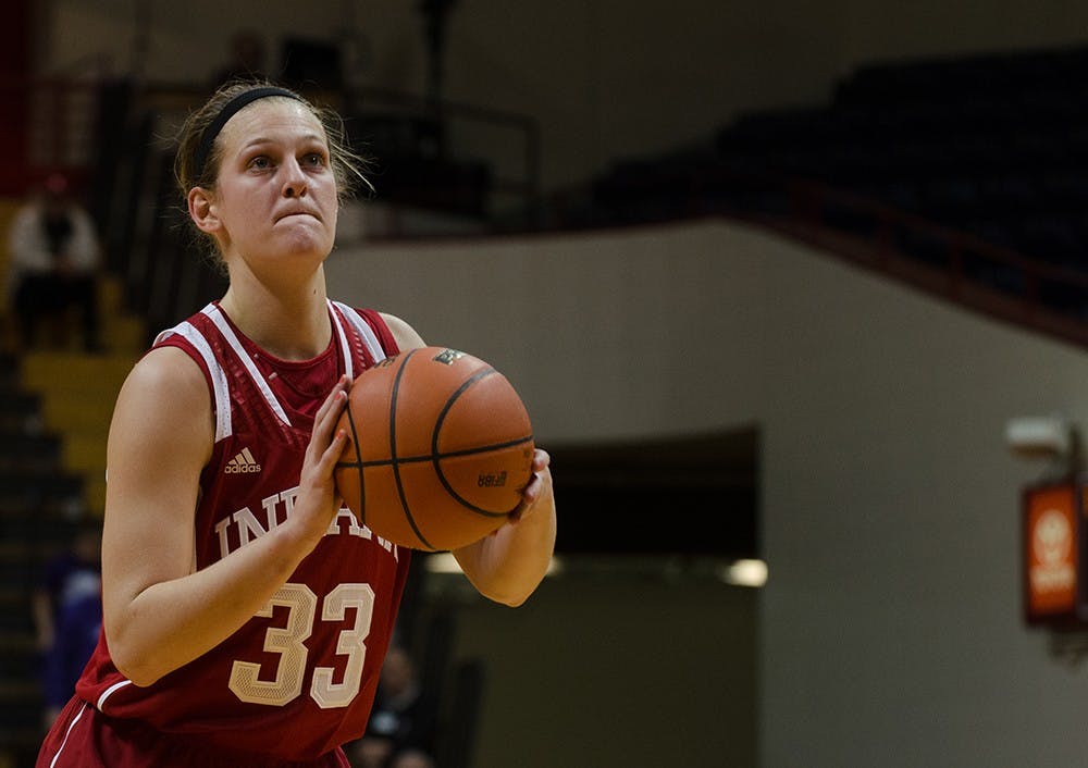 Freshman forward Amanda Cahill takes a free throw during an exhibition game against the University of Indianapolis Sunday. IU won 88-49 and will play its first regular season game this upcoming Saturday against Gardner Webb.