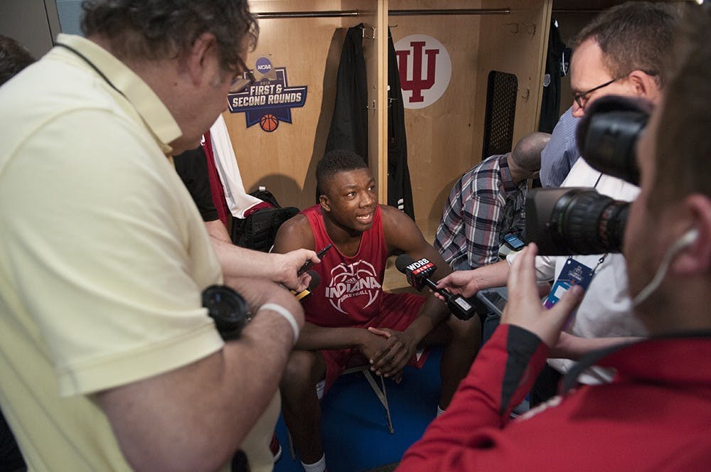 Freshman center Thomas Bryant talks to media Wednesday before the Hoosiers face Chattanooga at the Wells Fargo Arena in Des Moines, Iowa.