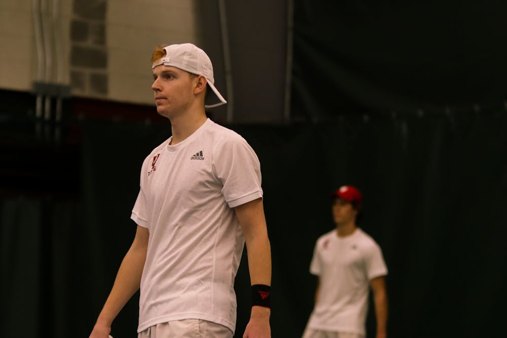 <p>Then-sophomore Ilya Tiraspolsky plays in a doubles match against Toledo University Jan. 22, 2022, at the IU Tennis Center.﻿</p>