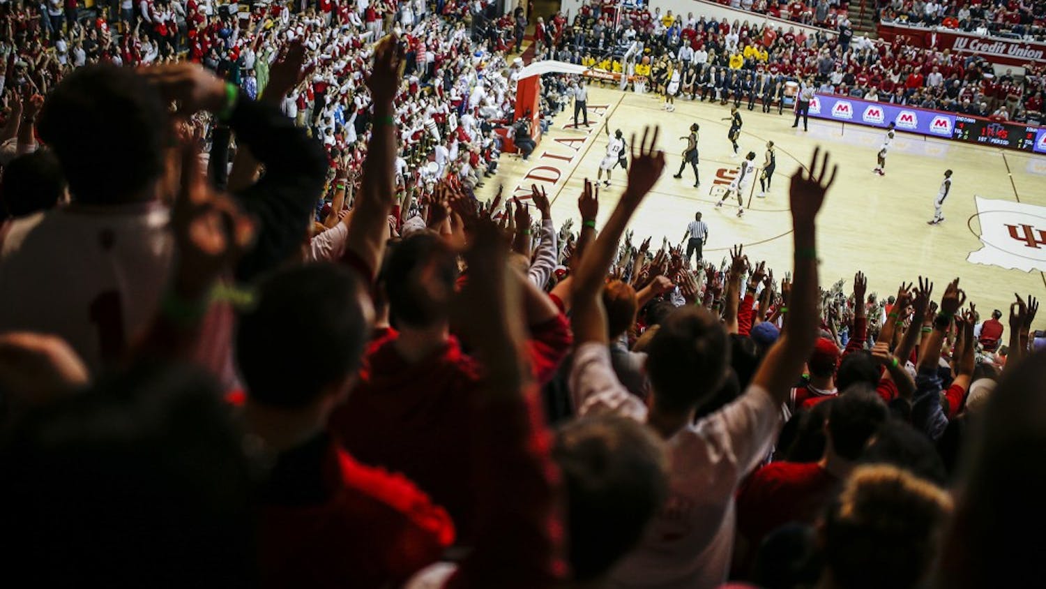 The Indiana student section reacts to a shot during the Hoosiers' game against the Iowa Hawkeyes in Simon Skjodt Assembly Hall on Dec. 4. The 2018 version of Hoosier Hysteria takes place Saturday afternoon.