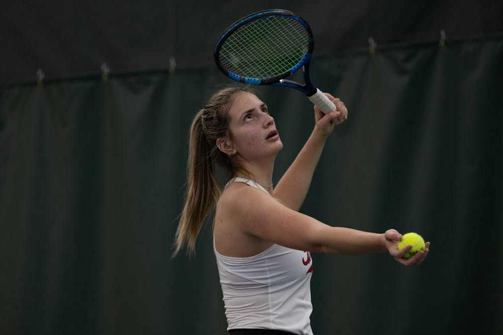 <p>Junior Mila Mejic serves against Northwestern on March 5, 2023, at the IU Tennis Center. Indiana women&#x27;s tennis lost 7-0 to Penn State on Sunday.</p>