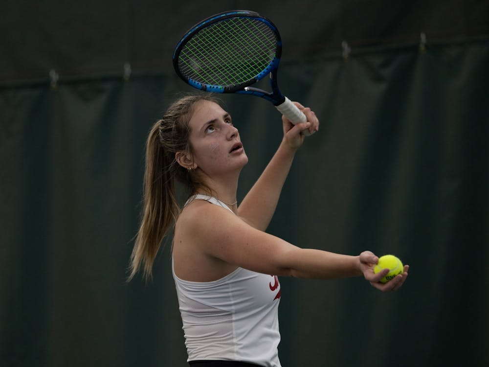 Junior Mila Mejic serves against Northwestern on March 5, 2023, at the IU Tennis Center. Indiana women&#x27;s tennis lost 7-0 to Penn State on Sunday.