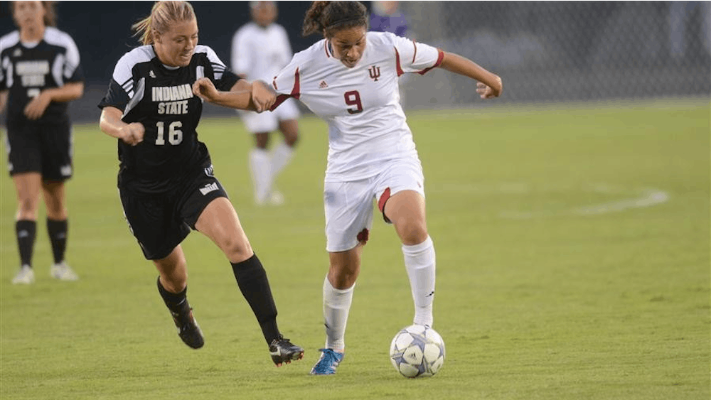 Senior forward Orianca Velasquez fights for the ball during the Hoosiers' 3-1 win against Indiana State University on Wednesday at Jerry Yeagley Field.