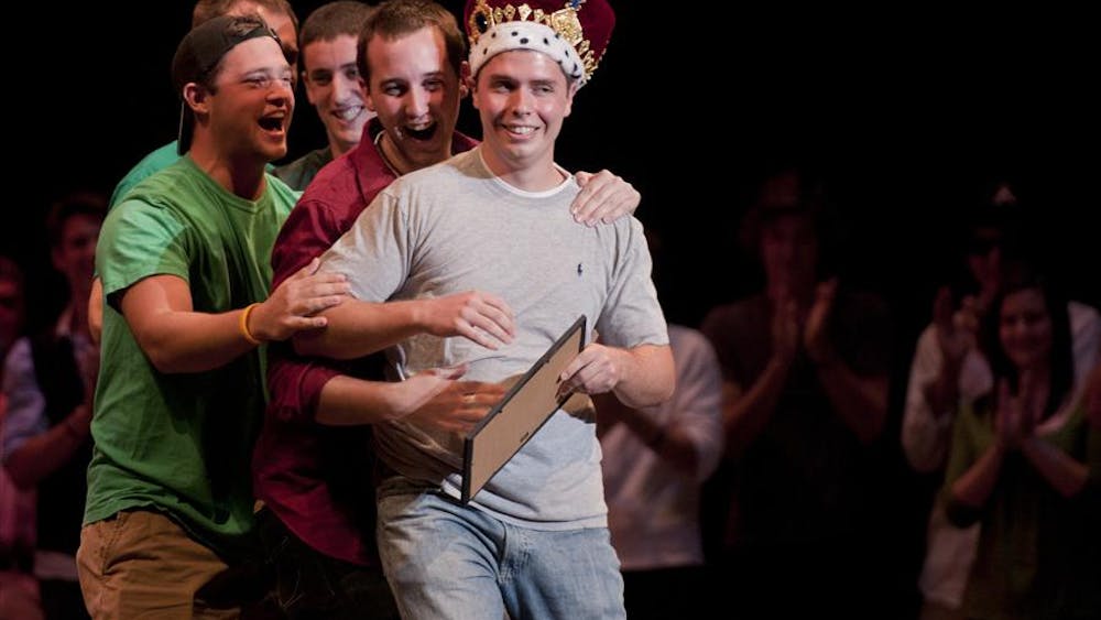 Then-senior Bryan Flinn and his fraternity brothers from Phi Delta Theta celebrate his coronation as the annual Big Man on Campus performance Oct. 8, 2010, at the IU Auditorium. This year, Big Man on Campus will be at 8 p.m. Oct. 21, and the proceeds will benefit the IU Medical Center’s breast cancer research efforts and the NFL Pink Ribbon Project.