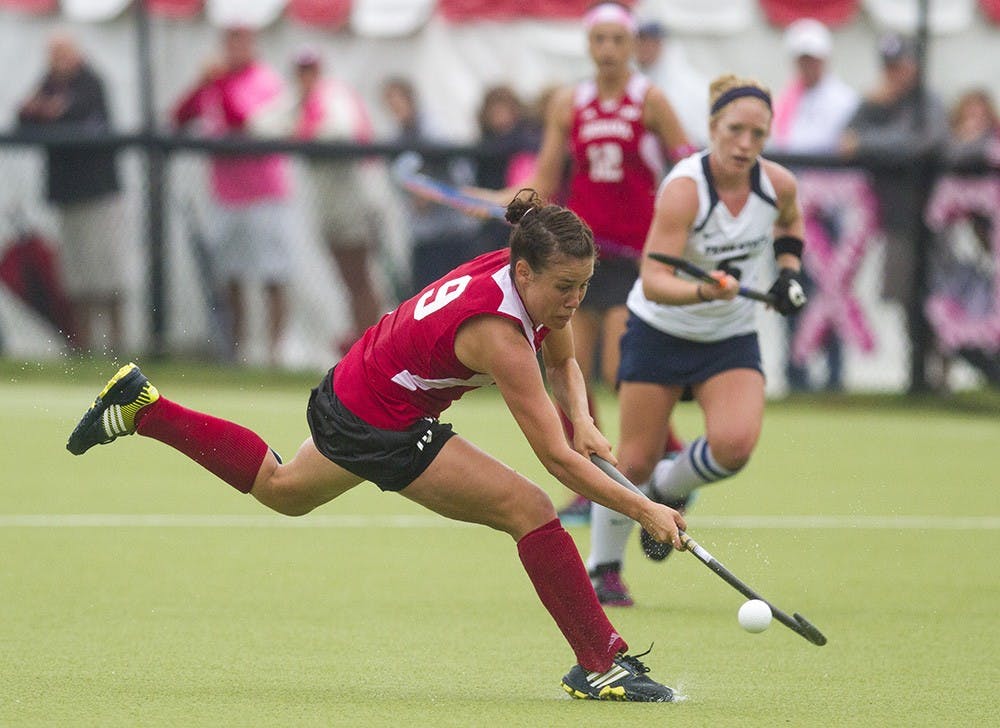 Then-junior Audra Heilman takes the ball downfield during IU's match against Penn State on Sept. 29, 203 at the IU Field Hockey Complex.