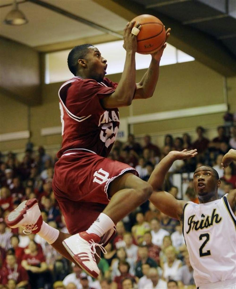 IU guard Devan Dumes puts up a lay up during IU's 88-50 loss to then No. 8 Notre Dame in the first round of the EA SPORTS Maui Invitational on Nov. 24 in Lahaina, Hawaii. The Hoosiers will face their second ranked opponent when the face No. 17 Wake Forest on Wednesday in Winston-Salem, N.C.