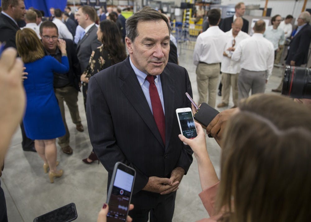 <p>Sen. Joe Donnelly, D-Ind., interviews with the press at the Wylam Center of Flagship East in September, 2017. Donnelly spoke Jan. 23 about how the government stayed open.</p>