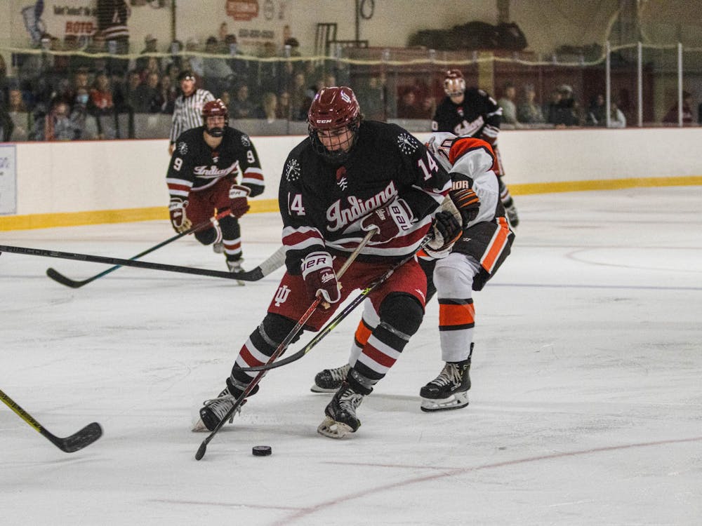 Freshman forward Matt Spears controls the puck during a match against Bowling Green State University Oct. 15, 2022, at the Frank Southern Ice Arena.﻿ Indiana club ice hockey travels for the ACC Invitational this weekend.