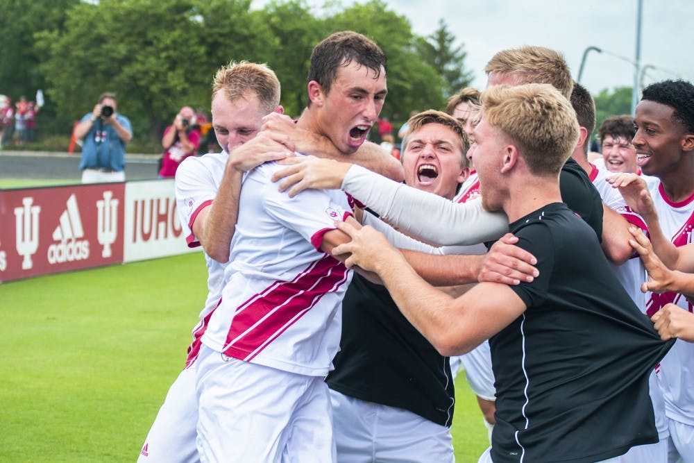<p>The IU men&#x27;s soccer team celebrates sophomore Jack Maher’s game-winning double overtime goal against University of California, Los Angeles, on Sep. 2 at Bill Armstrong Stadium. Maher’s golden goal was his first goal of the season.</p>