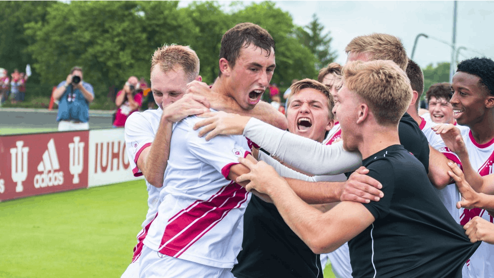 The IU men&#x27;s soccer team celebrates sophomore Jack Maher’s game-winning double overtime goal against University of California, Los Angeles, on Sep. 2 at Bill Armstrong Stadium. Maher’s golden goal was his first goal of the season.