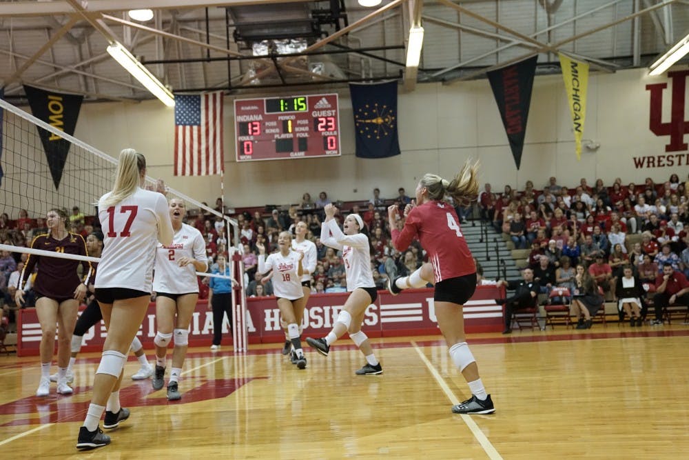 <p>Cheers erupt from the IU women’s volleyball team after scoring a point from a long volley against the Minnesota on Sept. 29. IU lost 3-0 to Nebraska on Nov. 17.</p>