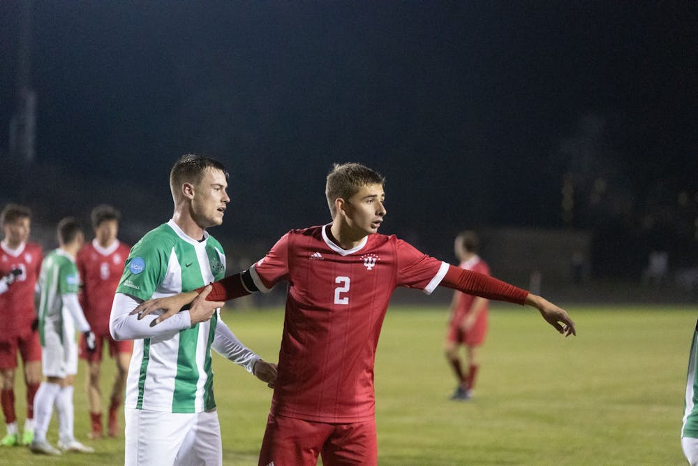 <p>Junior Defender Joey Maher awaits an inbound corner kick during a game against Marshall University on Nov. 27, 2022, at Bill Armstrong Stadium. The Hoosiers will advance to the Elite Eight for the fourth time in six seasons.</p>