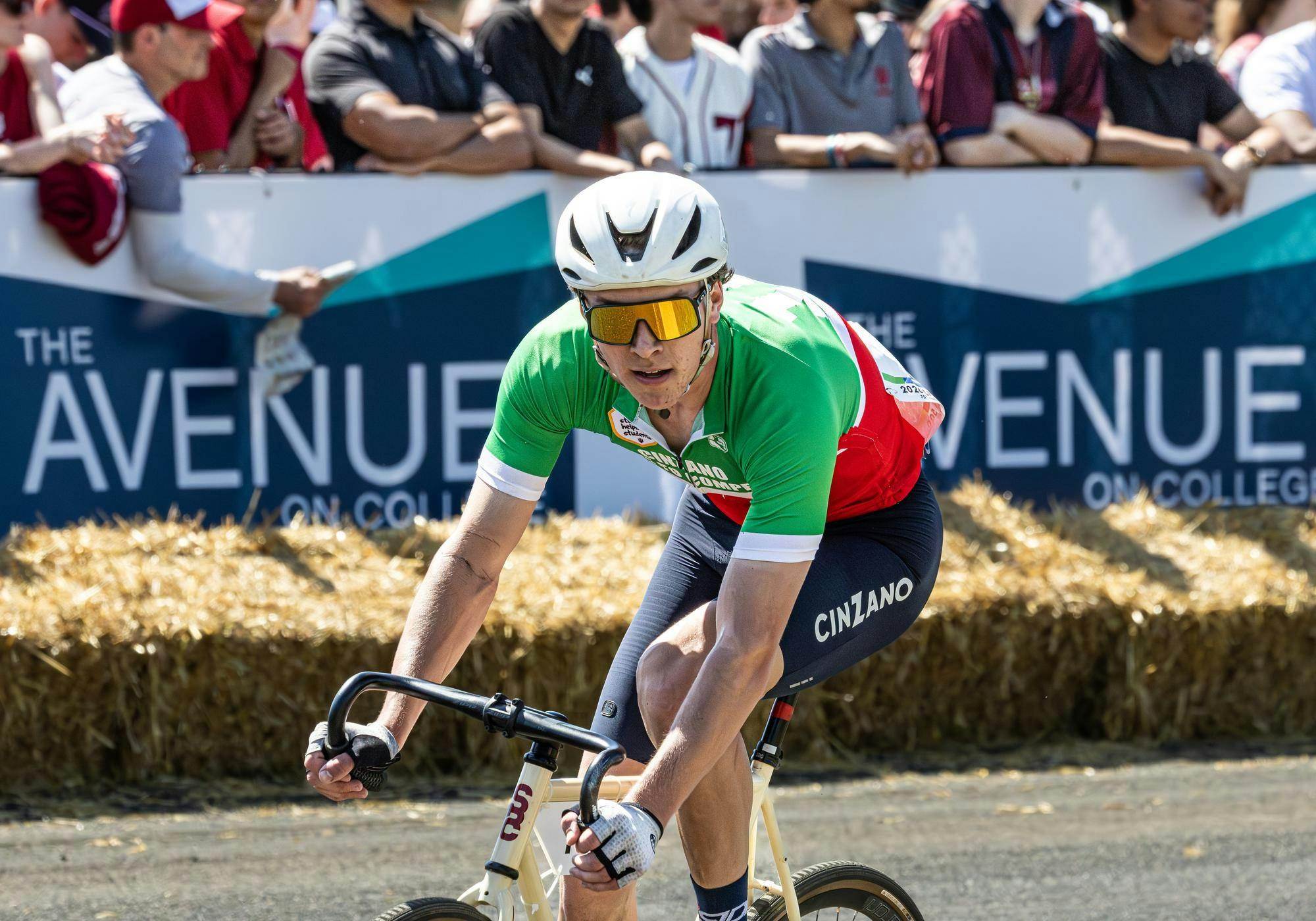 A cycler for Cinzano leans into turn four as he competes in the annual Little 500 men's race on April 25, 2026, at Bill Armstrong Stadium in Bloomington. Cinzano finished second in the 75th men’s little 500 race. 