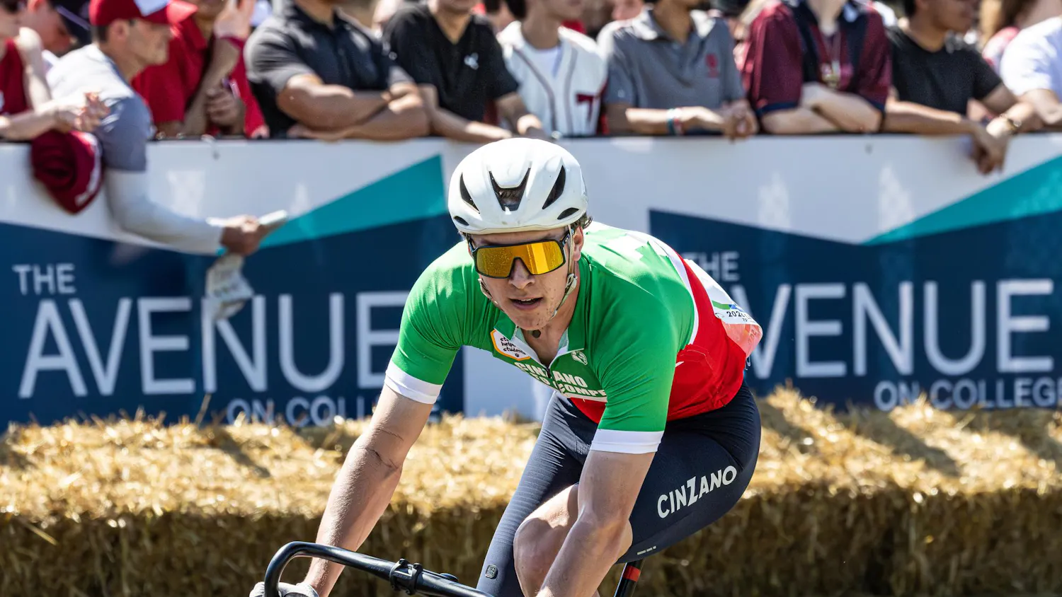 A cycler for Cinzano leans into turn four as he competes in the annual Little 500 men's race on April 25, 2026, at Bill Armstrong Stadium in Bloomington. Cinzano finished second in the 75th men’s little 500 race.