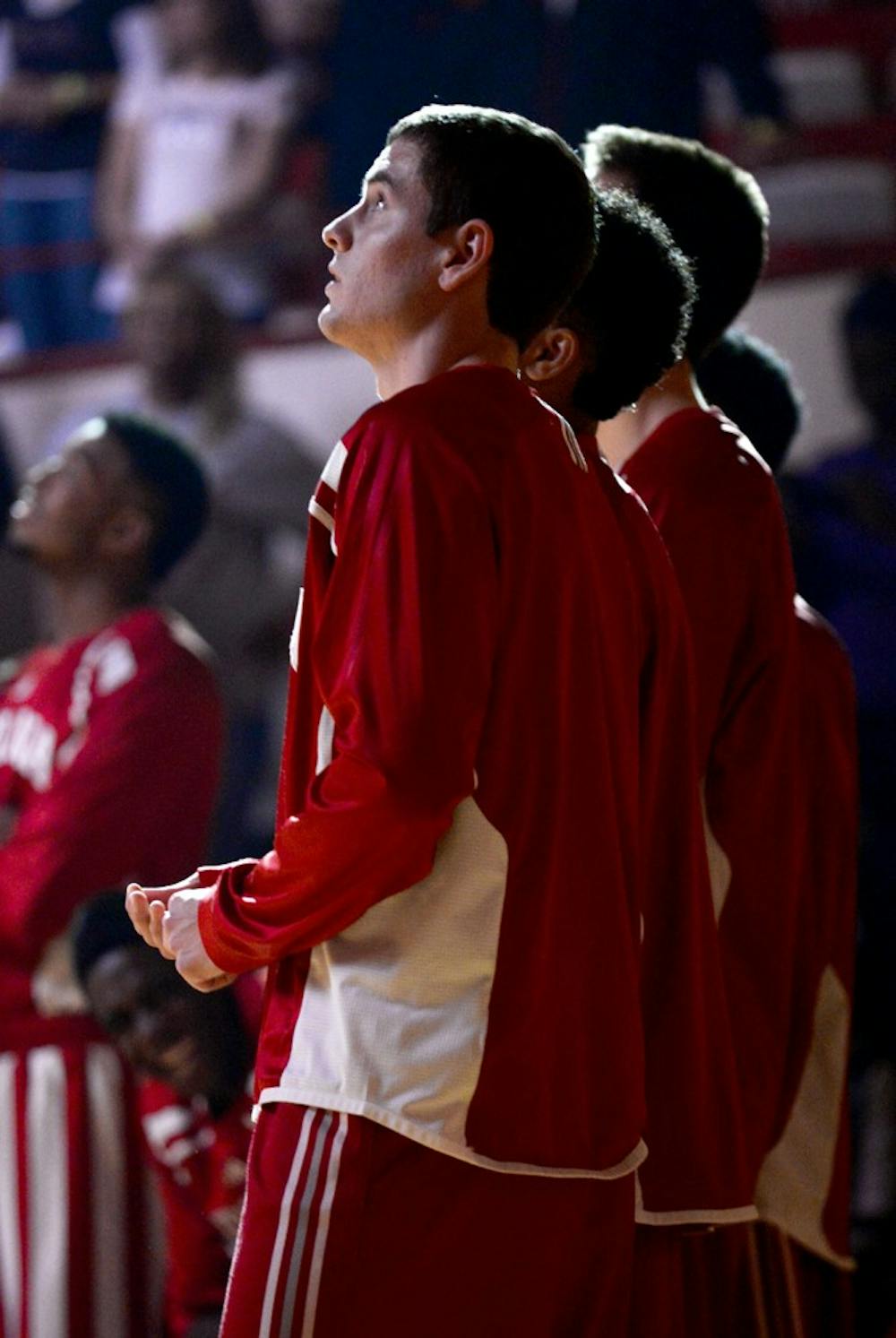 Junior Nick Zeisloft looks up to the scoreboard during player introductions Saturday for Hoosier Hysteria at Assembly Hall. Zeisloft transferred from Illinois State this past offseason.
