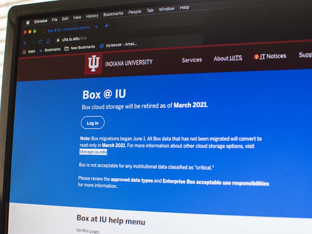 A message explains that IU will stop using Box cloud storage in March 2021. Box is raising its prices and ending its unlimited storage offering.