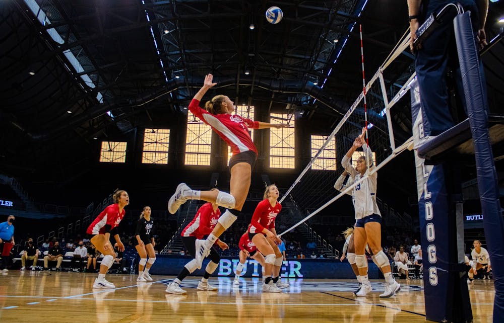 <p>Senior Kari Zumach goes for a spike in the game against Butler University on Aug. 28, 2021, at Hinkle Fieldhouse in Indianapolis. Indiana volleyball lost Ohio State 3-0 on Sept. 29 in Columbus, Ohio.</p>