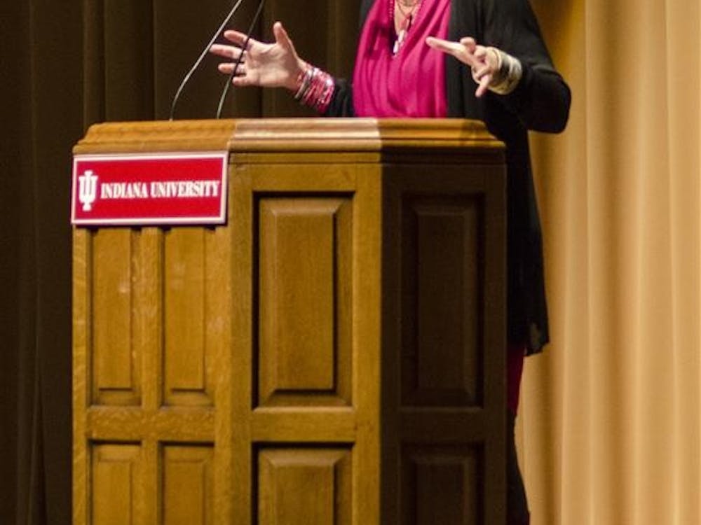 Tony Award-winning playwright, author of The Vagina Monologues, Eve Ensler talks about her travels around the world and research on the emancipation of women at the IU Auditorium on Thursday night. 