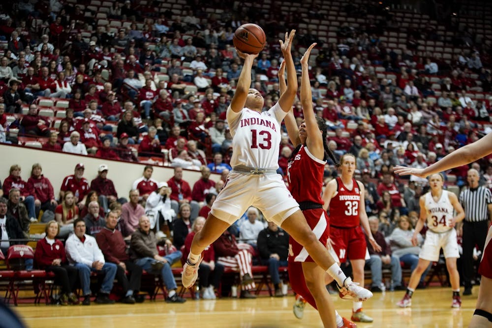 <p>Junior Jaelynn Penn attempts a shot Feb. 27 in Simon Skjodt Assembly Hall. IU will compete in the Big Ten Championships at 2:30 p.m. March 6 in Indianapolis. </p>