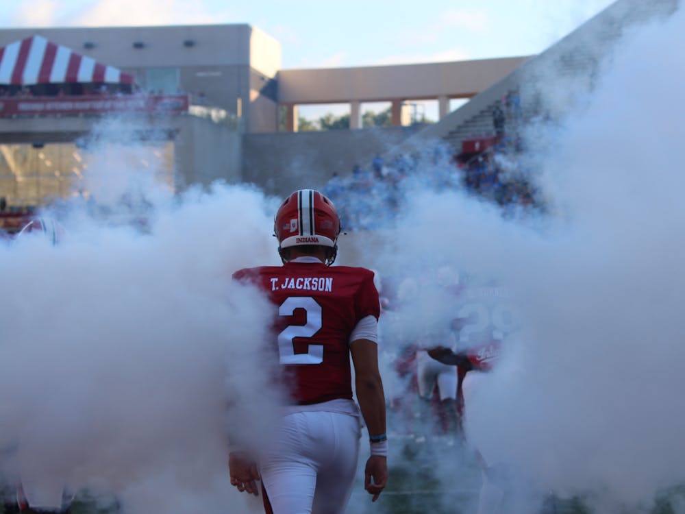 Redshirt freshman quarterback Tayven Jackson is seen entering the field for kickoff on Sept. 8, 2023, at Memorial Stadium. Indiana defeated Indiana State 41-7 on Friday night.