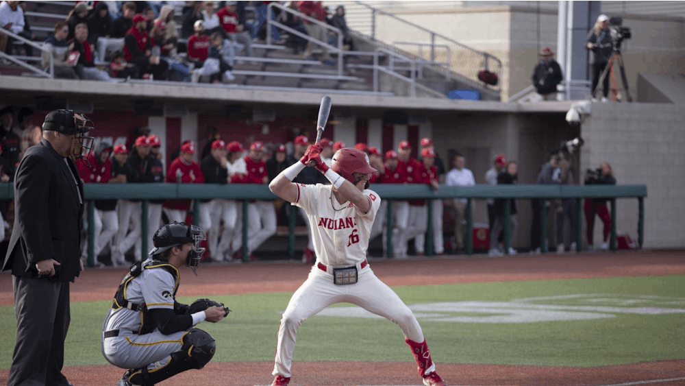 Then-redshirt junior Bobby Whalen is up to bat April 7, 2023, at Bart Kaufman Field in Bloomington. Whalen announced on Wednesday evening he is transferring to the University of Virginia for next season. 
