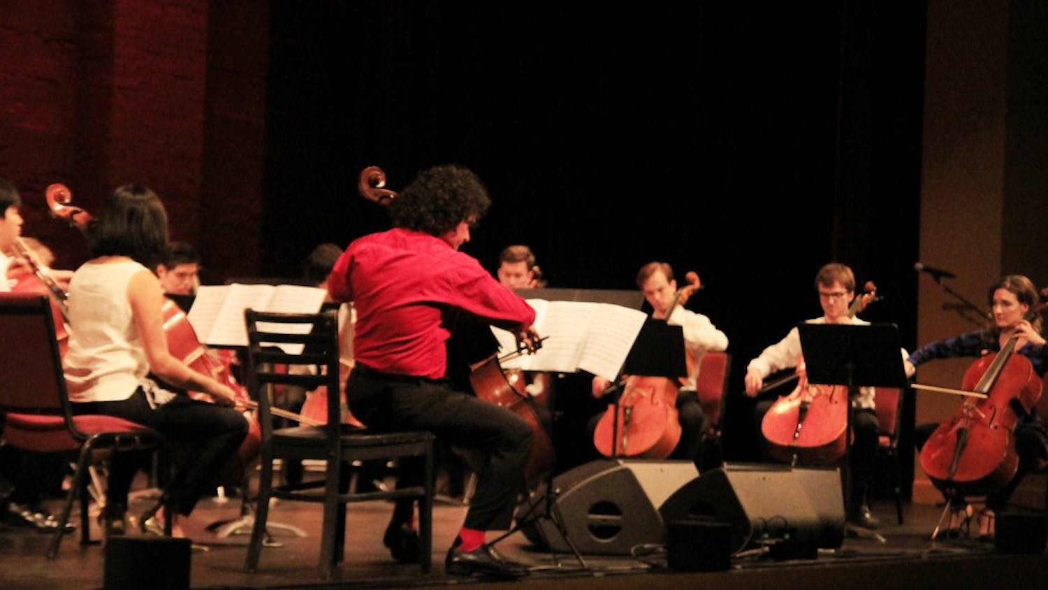 Cellists from the studio of Emilio Colón play "Suite del ángel" by Astor Piazzolla at the De Pueblo a Pueblo benefit concert Monday at the Buskirk-Chumley Theater. Colón also spoke about his travels to Puerto Rico to donate food and help families affected by Hurricane Maria.&nbsp;
