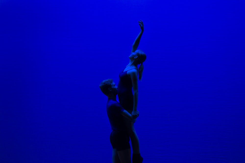 <p>A dancer is lifted by a dancer Wednesday during “Ballet at the BCT” in the Buskirk-Chumley Theater. The dance was called, “Winter Sun,” written by Bradley Streetman.</p>