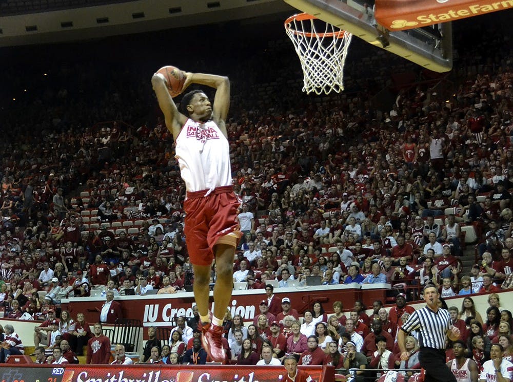Sophomore forward Troy Williams dunks during IU's scrimmage Saturday at Hoosier Hysteria in Assembly Hall.