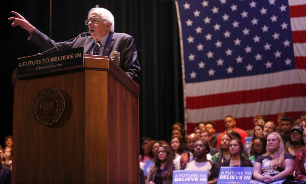 Bernie Sanders spoke on a variety of inequality issues in front of a crowd of students and Bloomington residents Wednesday, April 27, 2016 at the IU Auditorium. 