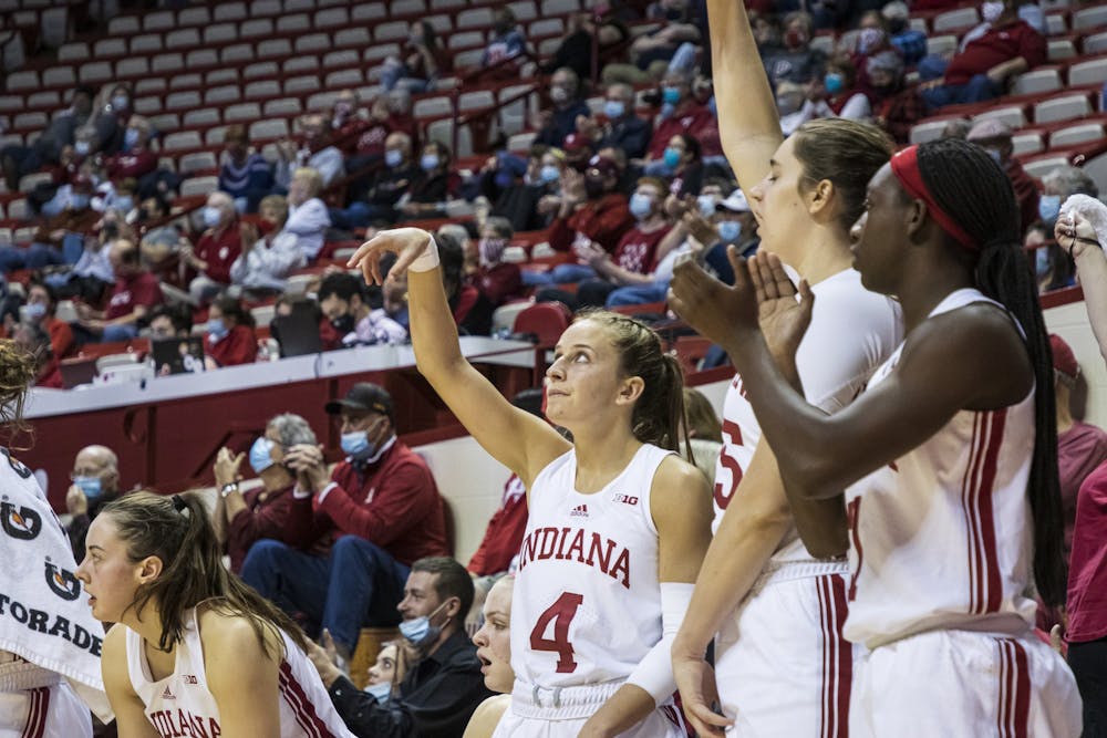 <p>Graduate guard Nicole Cardaño-Hillary celebrates her teammate&#x27;s jumpshot Dec. 9, 2021, at Simon Skjodt Assembly Hall. IU defeated Wisconsin 76-53 on Wednesday.</p>