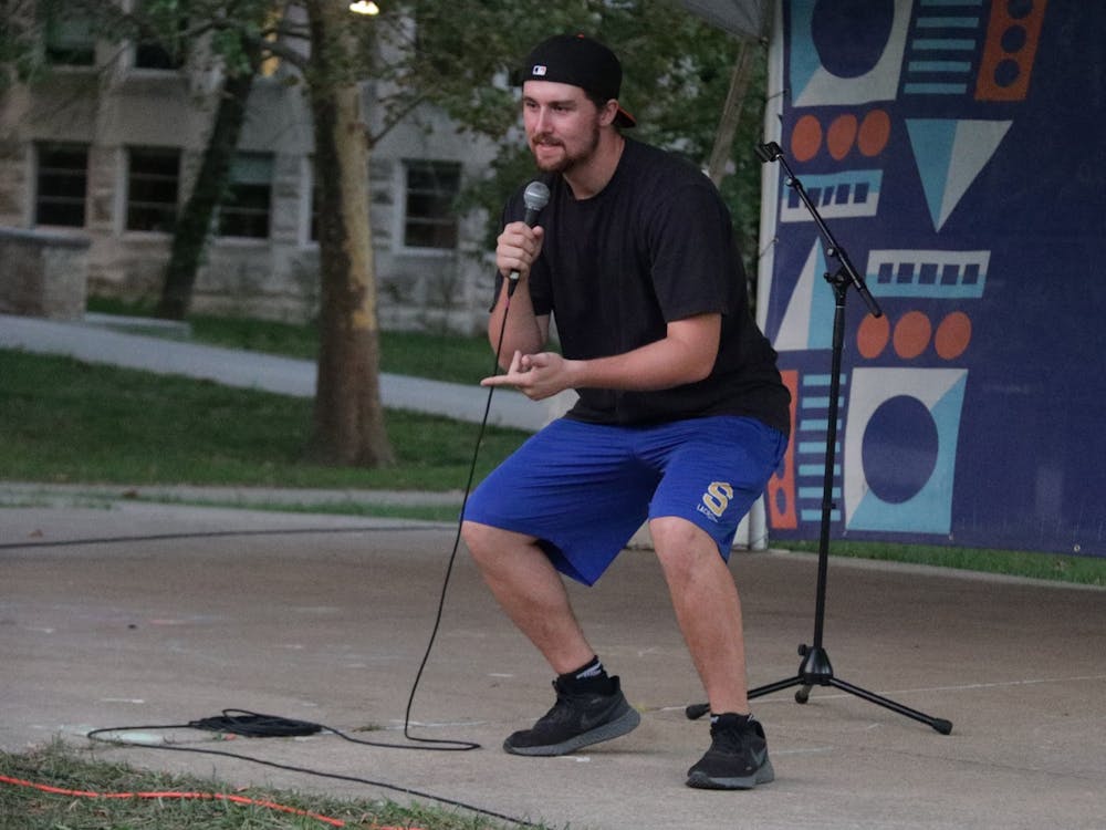 IU junior James Vogt gives a set during a comedy open mic night Sept. 27, 2021, in Dunn Meadow. Vogt was one of two student comedians who performed. 
