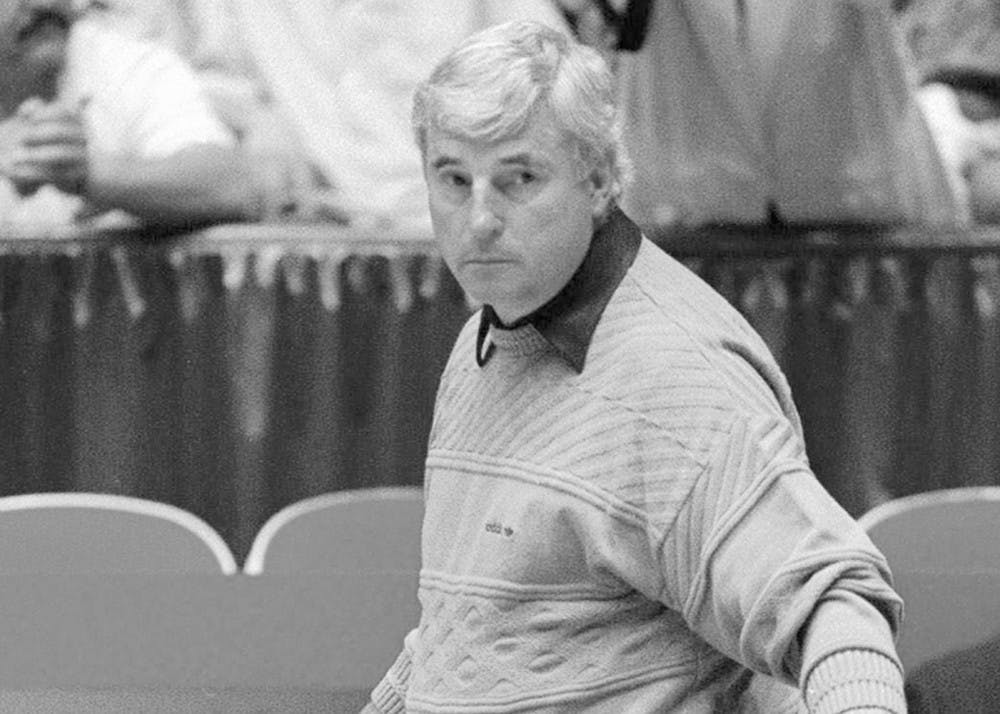 Former IU basketball coach Bob Knight watches his team practice in 1992 during the NCAA West Regional in Albuquerque, New Mexico. Knight talked with Gene Keady, former Purdue basketball coach, Sunday afternoon at the Elliott Hall of Music on the Purdue campus.