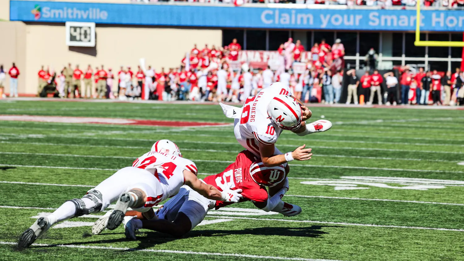 Sophomore D'Angelo Ponds tackles a Nebraska player in their game on Oct. 19, 2024 at Memorial Stadium in Bloomington. This is Ponds' first season player for Indiana.