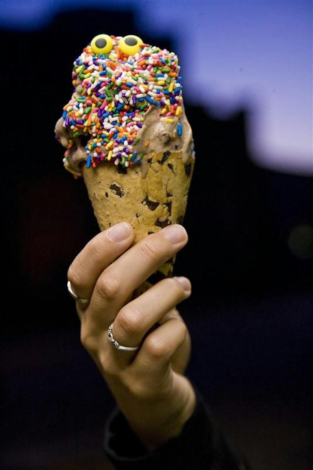 This chocolate chip cone from the Chocolate Moose is topped with homemade chocolate ice cream, sprinkles and candy eyes. 