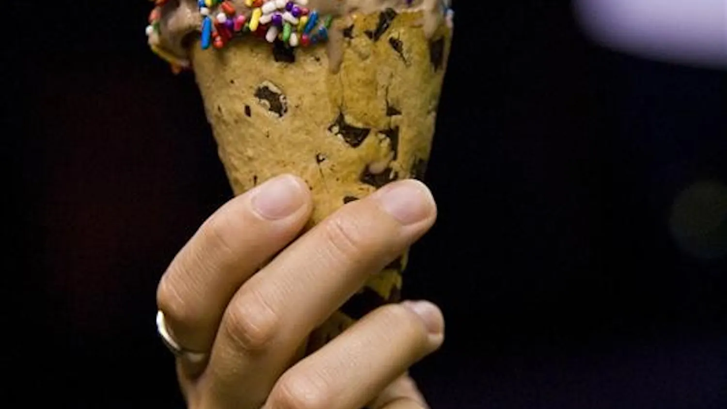 This chocolate chip cone from the Chocolate Moose is topped with homemade chocolate ice cream, sprinkles and candy eyes.